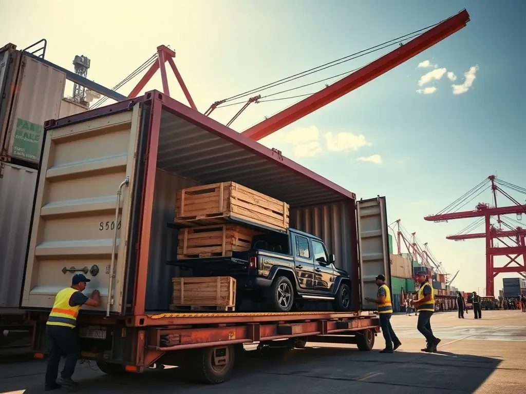 An image of a shipping container with vehicles being loaded, symbolizing international vehicle export.