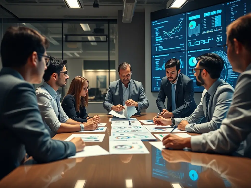 A consultant presenting strategic plans to a team in a modern conference room.