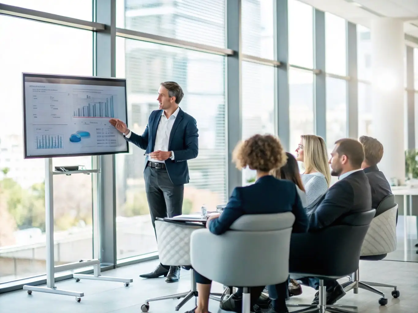 A consultant presenting strategic plans to a team in a modern conference room.