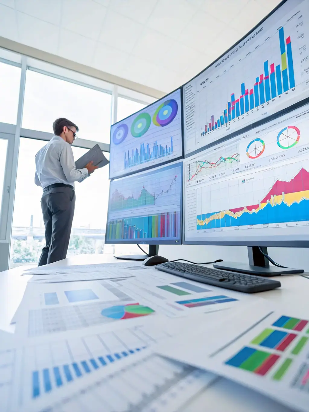 A consultant reviewing data analytics on a laptop, with automotive industry reports in the background.