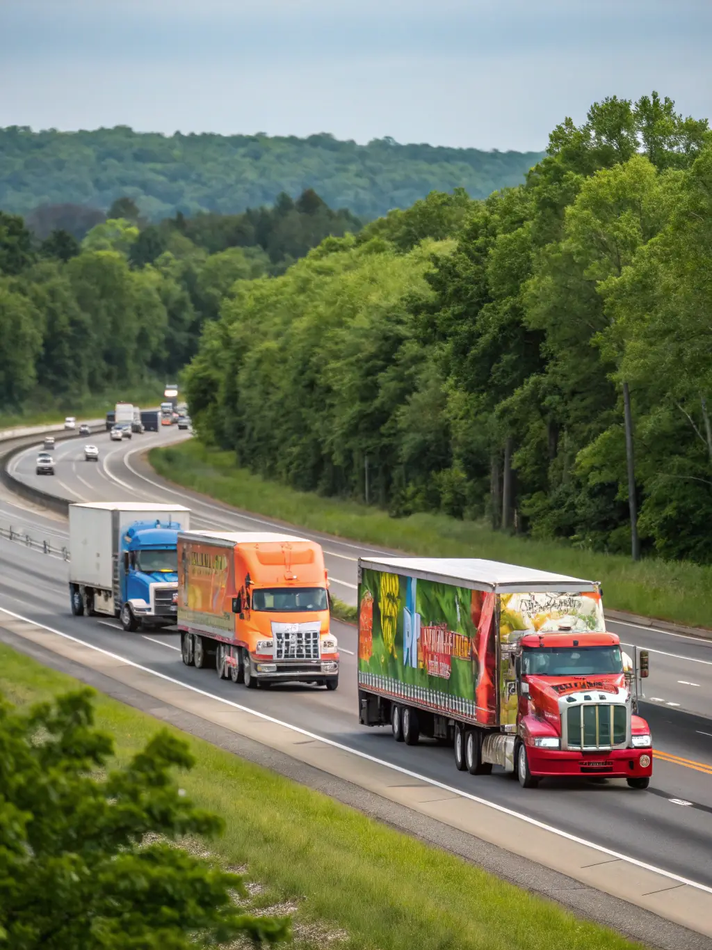 A photograph of a fleet of commercial trucks on a highway, symbolizing transportation and logistics.