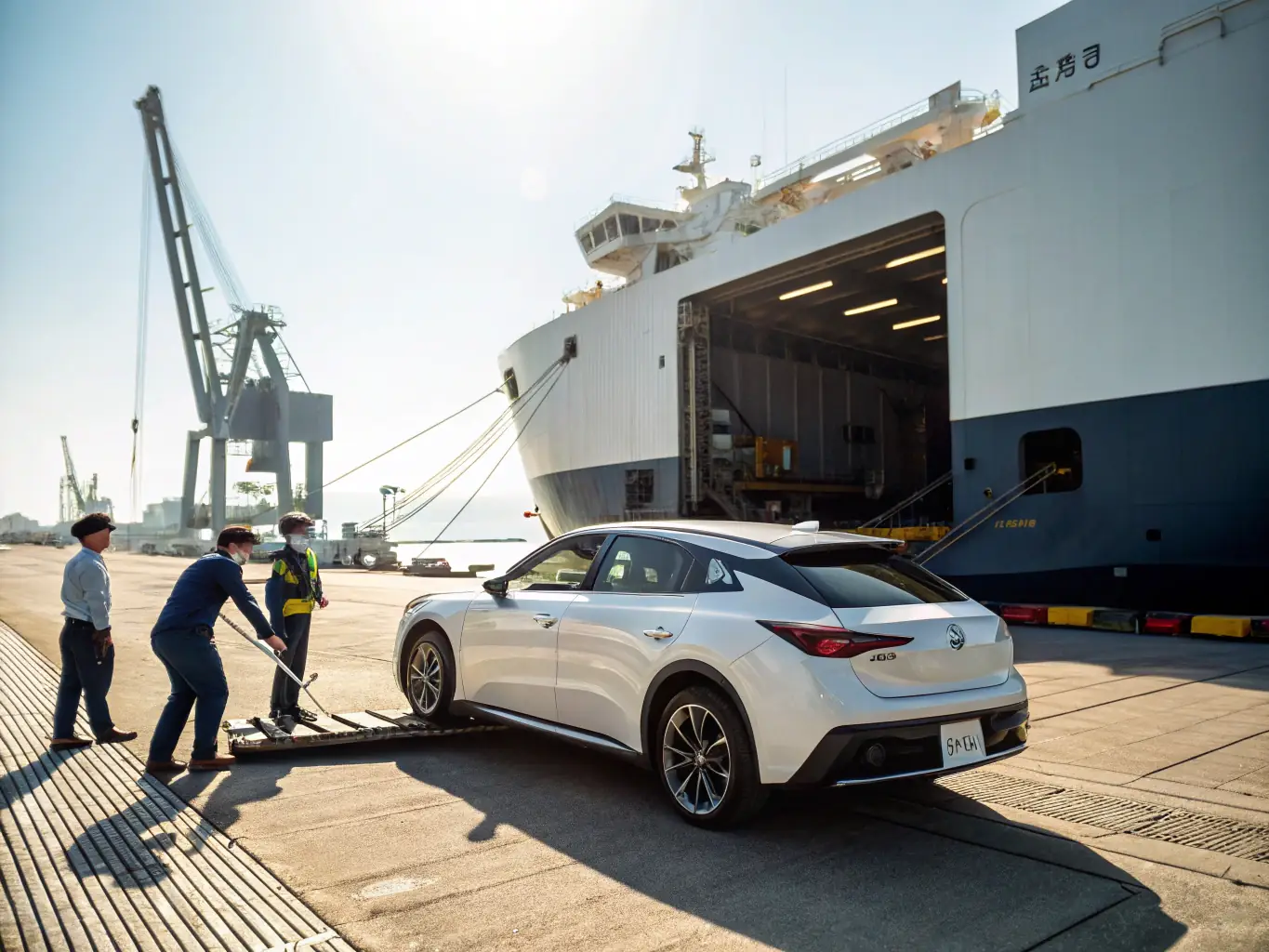 A modern car being loaded onto a cargo ship, symbolizing Multifacet Group's vehicle export assistance service. The scene should convey efficiency and global reach.