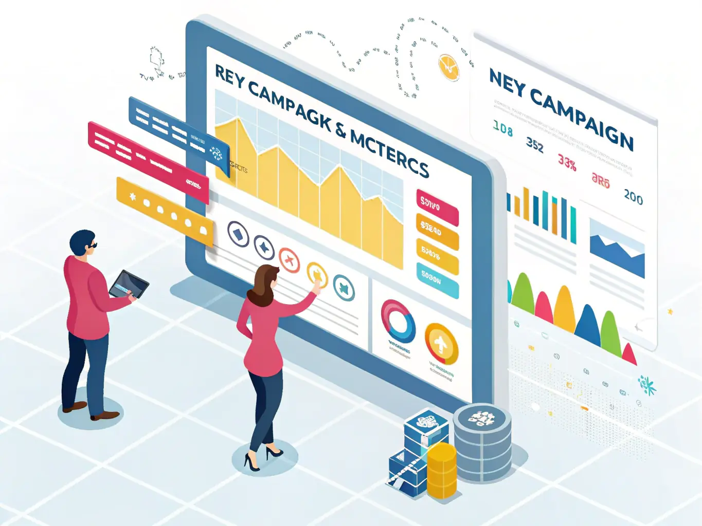 A digital marketing dashboard displaying analytics and campaign performance metrics.