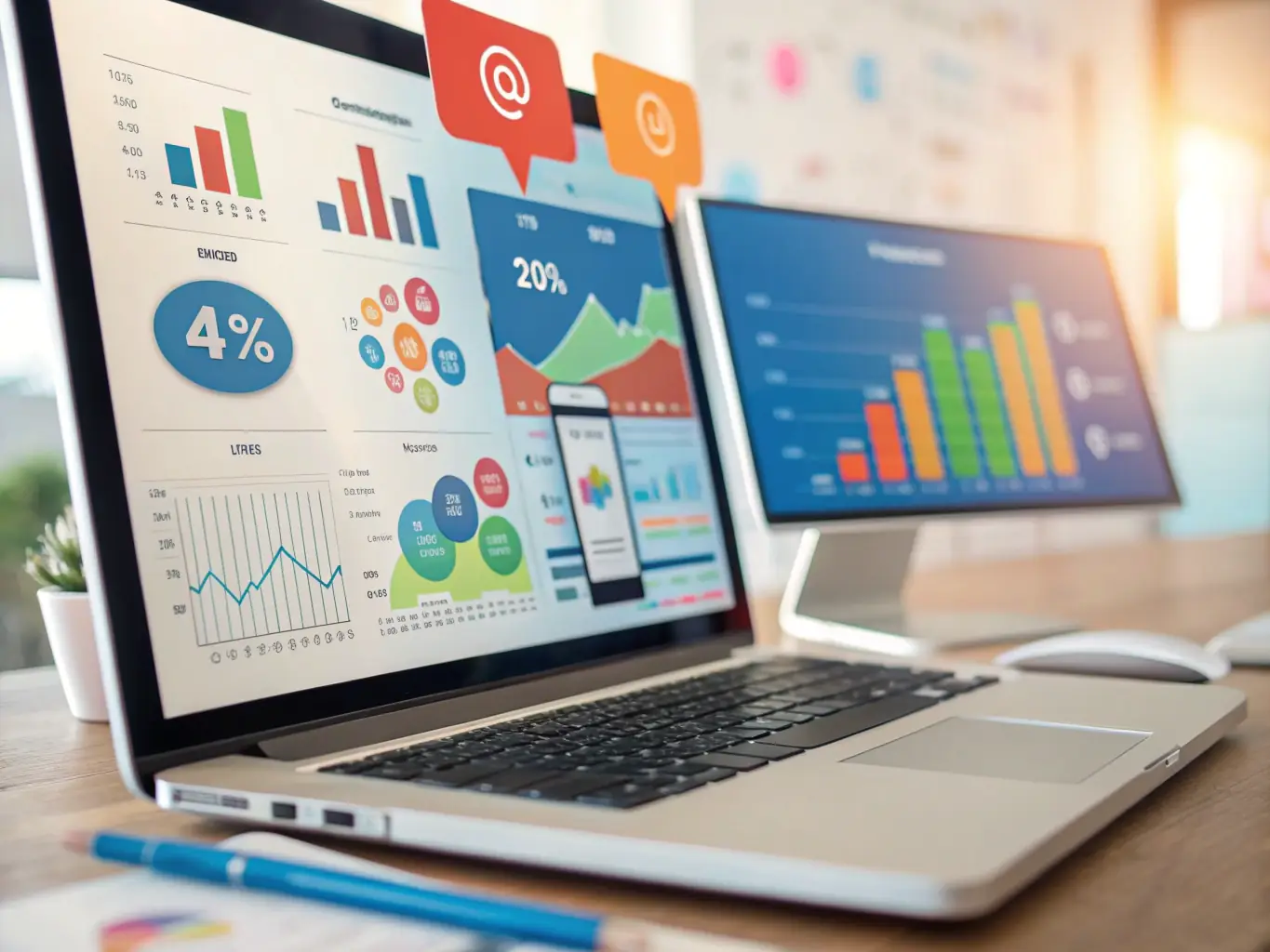 A vibrant digital marketing campaign displayed on various devices, representing Multifacet Group's advertising and marketing solutions. The image should highlight creativity and targeted reach.