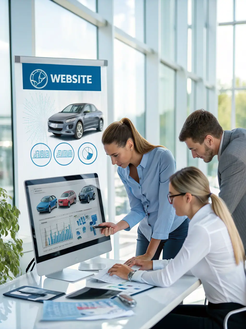 A modern digital advertising campaign for an automotive brand displayed on a large screen, with vibrant blue highlights and clean, minimal design elements.