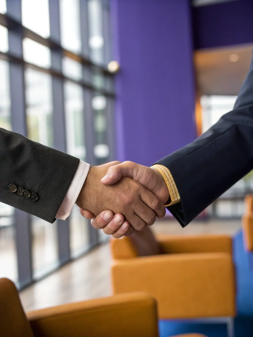 A close-up of a handshake between two professionals in a sleek, modern office, with subtle automotive elements and a soft off-white background.