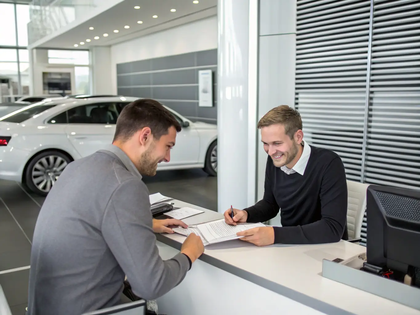 A modern, clean image of a consultant reviewing vehicle import documents with a client in a bright office setting, featuring blue accents and premium automotive design elements.