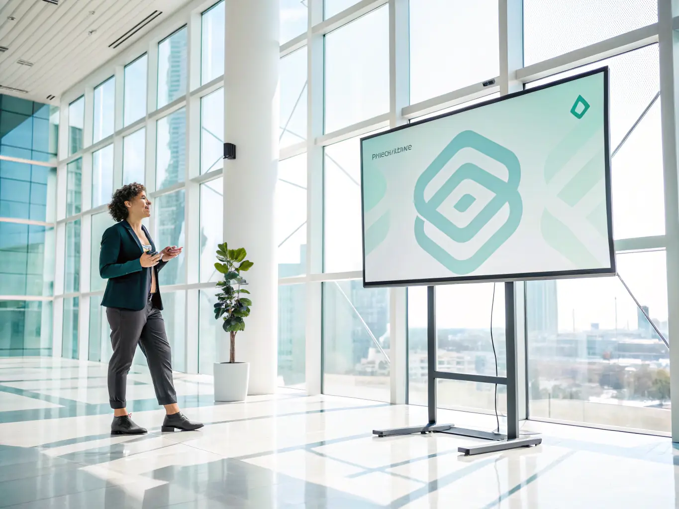 A vibrant image of a marketing strategist presenting automotive advertising campaign results on a digital screen, surrounded by industry branding and clean, modern visuals.