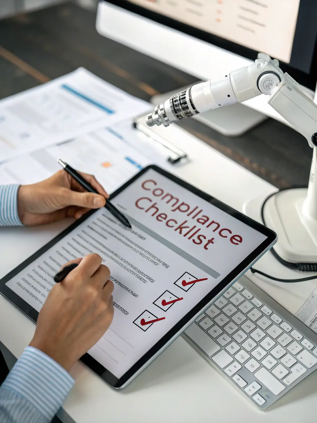 A compliance specialist reviewing automotive regulatory forms and checklists, with a digital tablet and official stamps visible on the desk.