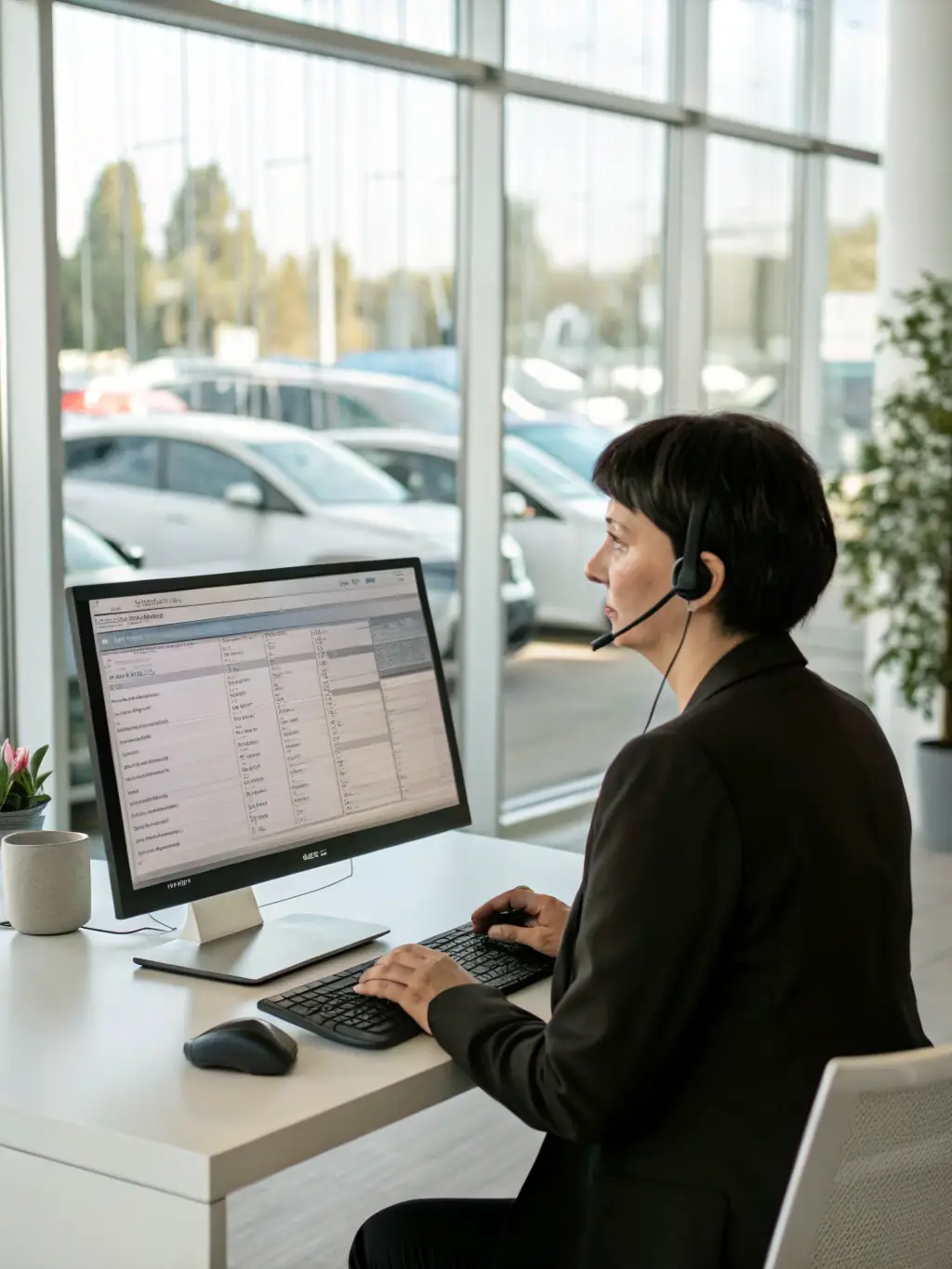 A business professional organizing automotive paperwork on a laptop, surrounded by compliance checklists and a calendar, in a bright, organized workspace.