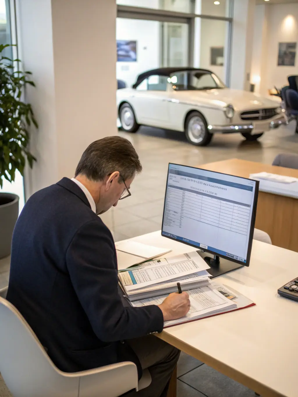 A professional automotive consultant in a modern office, reviewing import documents with a client, with a clean, minimalistic background and blue accents reflecting Multifacet Group’s branding.