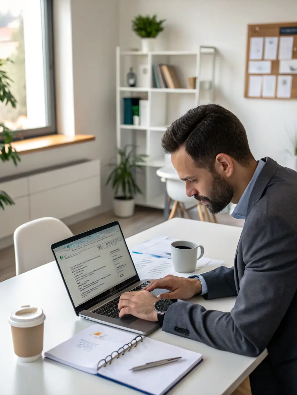 A business professional organizing automotive paperwork and scheduling tasks on a laptop, surrounded by neatly arranged documents and a calendar.