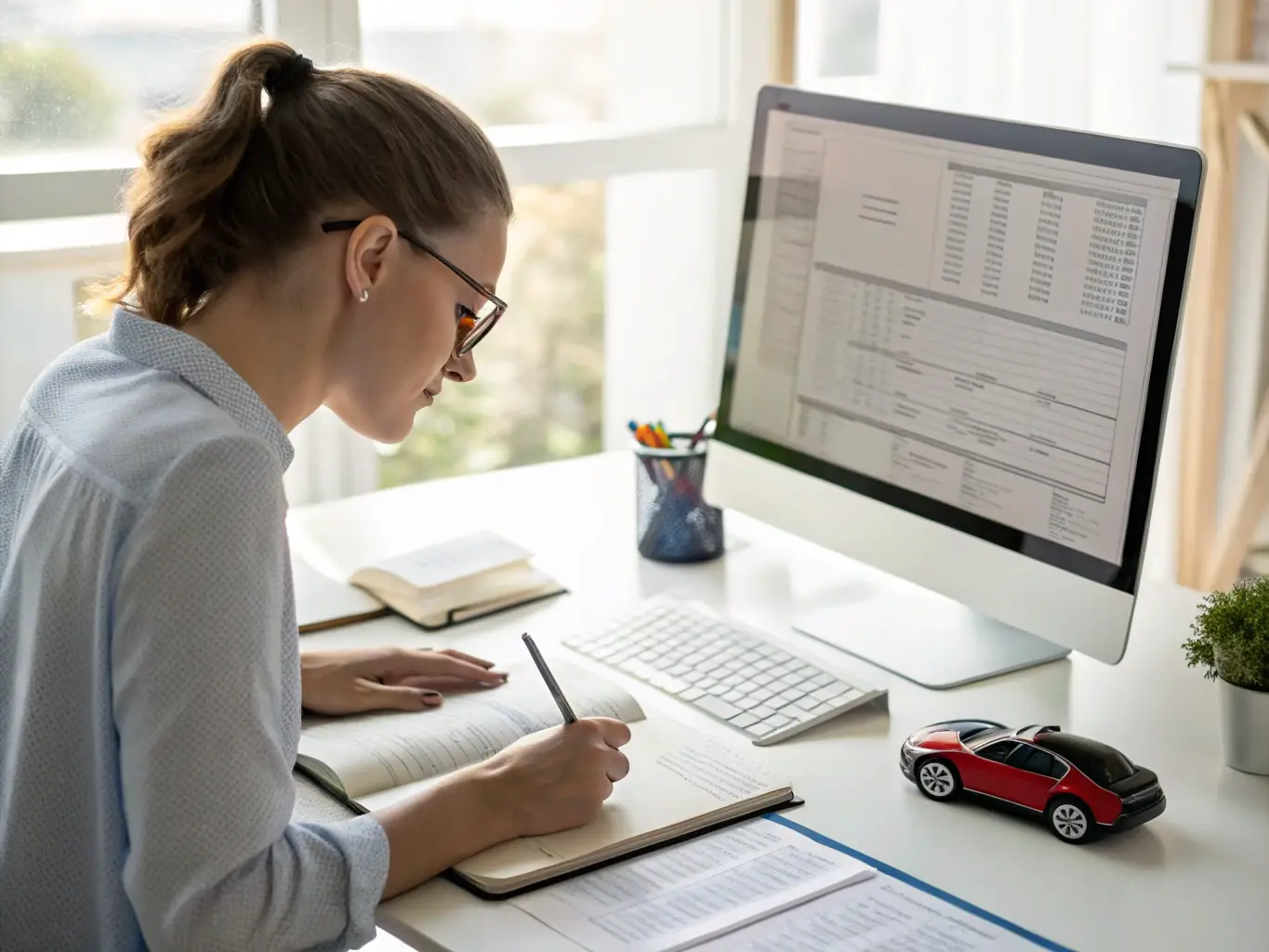 A professional scene showing an administrative specialist organizing automotive documents and compliance forms at a sleek white desk, with blue highlights and minimalistic design.