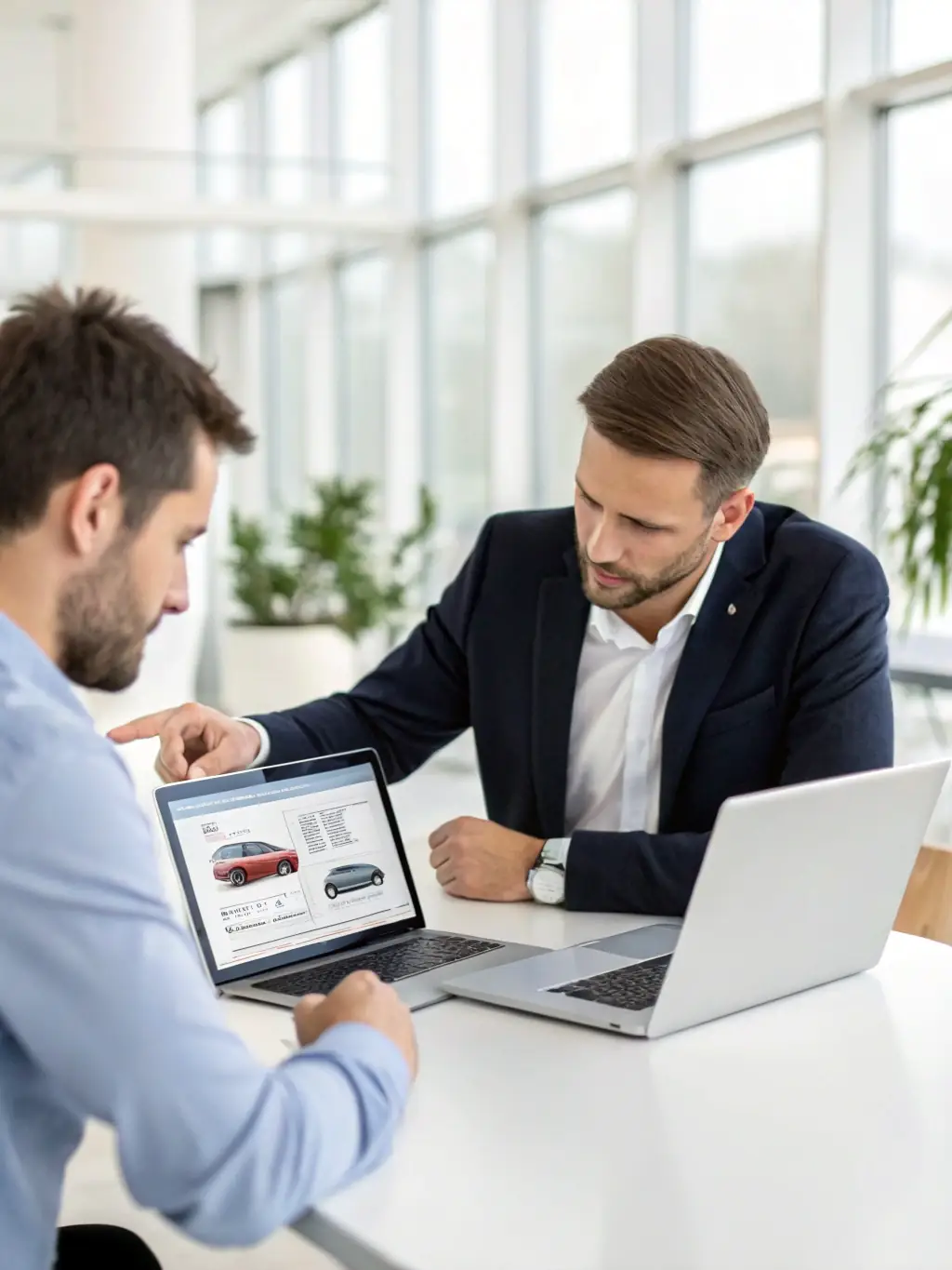 A professional consultant and client reviewing vehicle import documents at a modern automotive workshop, with clean white and blue accents reflecting Multifacet Group's branding.