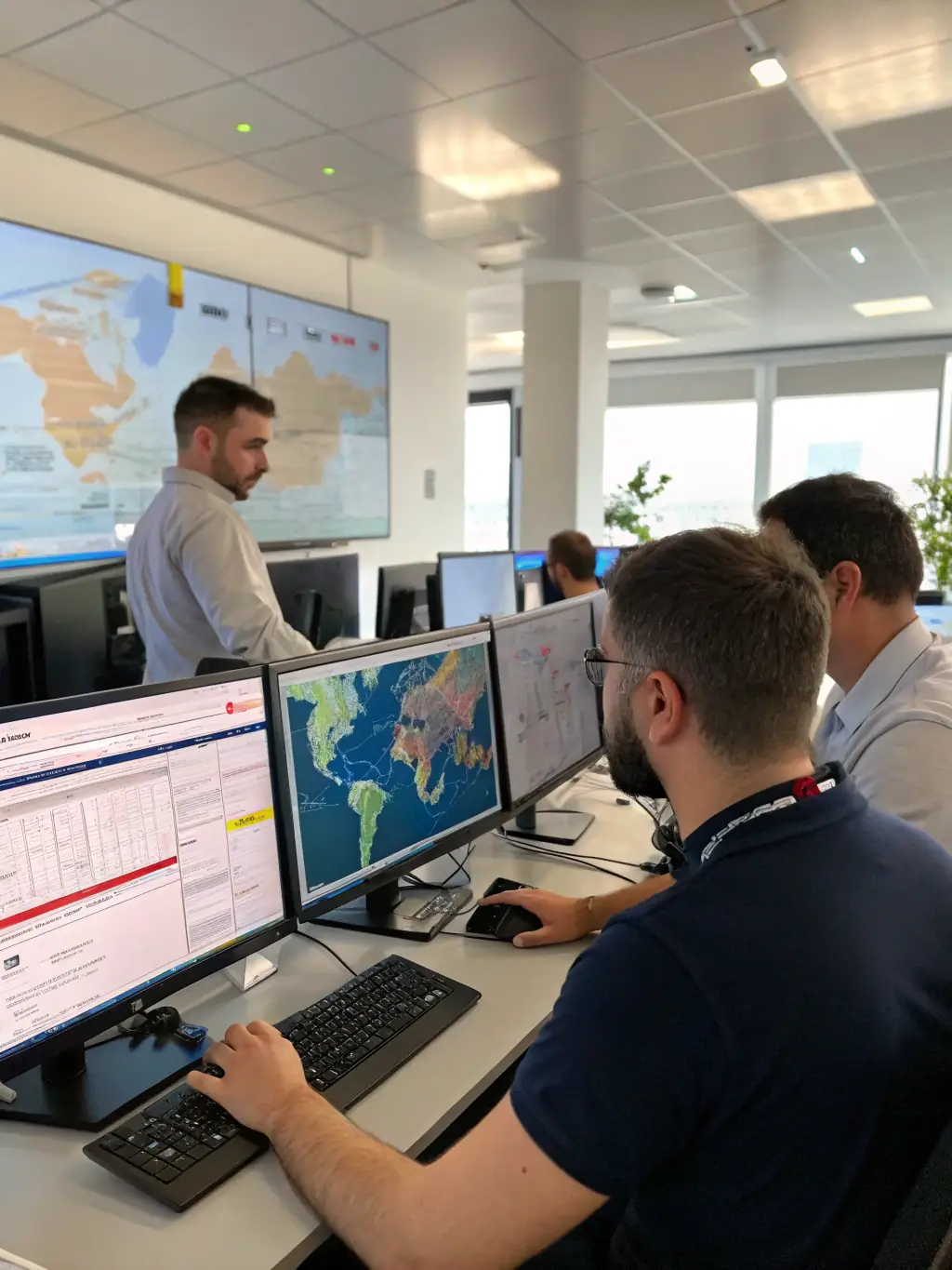 A logistics coordinator planning vehicle transport routes on a digital map, with shipping containers and vehicles in the background.